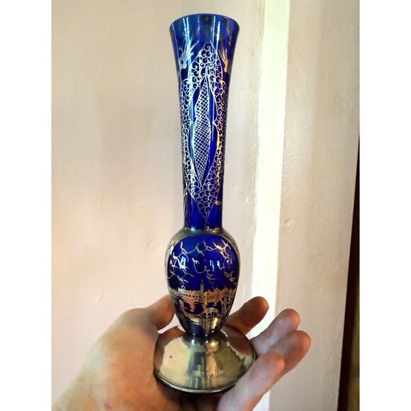 Vintage 50's Venetian Art Glass Bud Vase Blue Silver Overlay Gondola - Picture 2 of 11